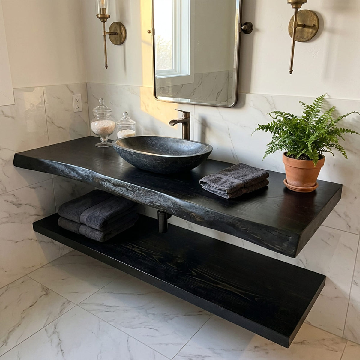 Mid Century Bathroom Vanity Shelf Curved Edge Wood Bathroom Look, solid wood, built to order