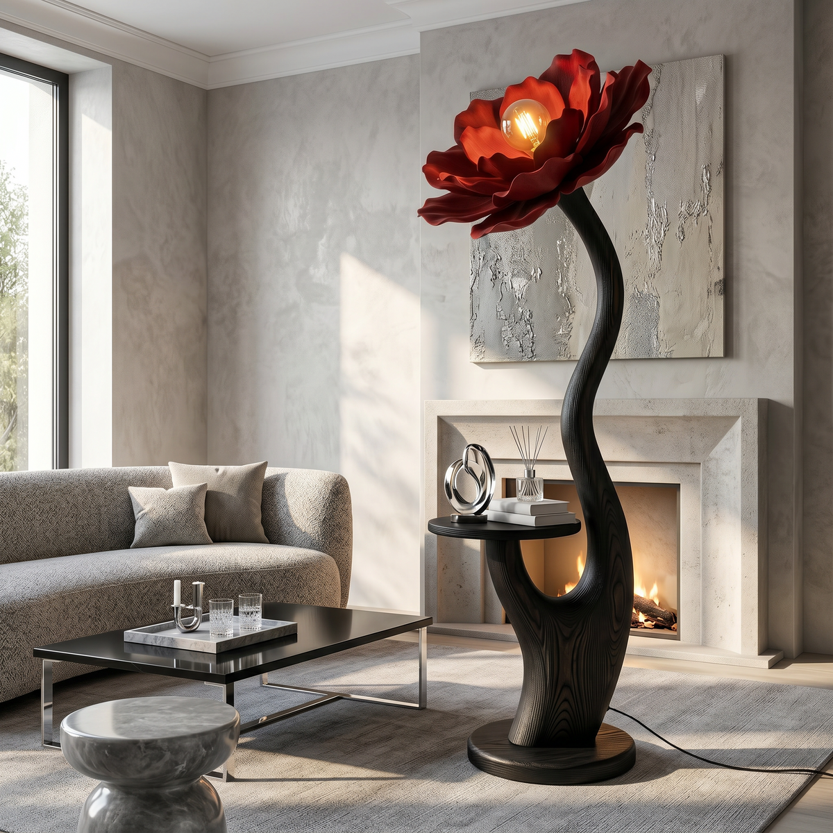 Organic Floor Lamp with Built in Bedside Table and Flower Shade, solid wood, built to order, view 4