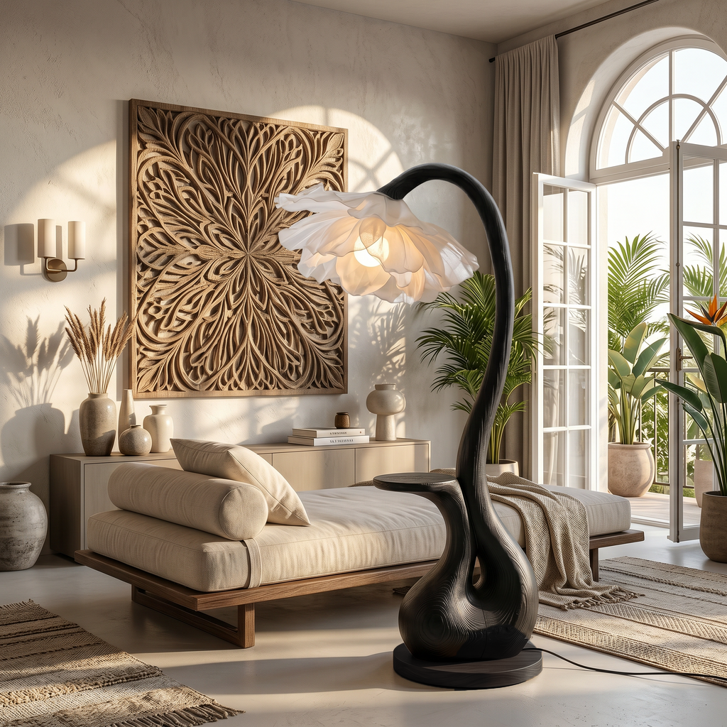 Modern Floor Lamp with Sculptural Curved Base and Display Shelf, solid wood, built to order, view 4