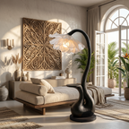 Modern Floor Lamp with Sculptural Curved Base and Display Shelf, solid wood, built to order, view 4