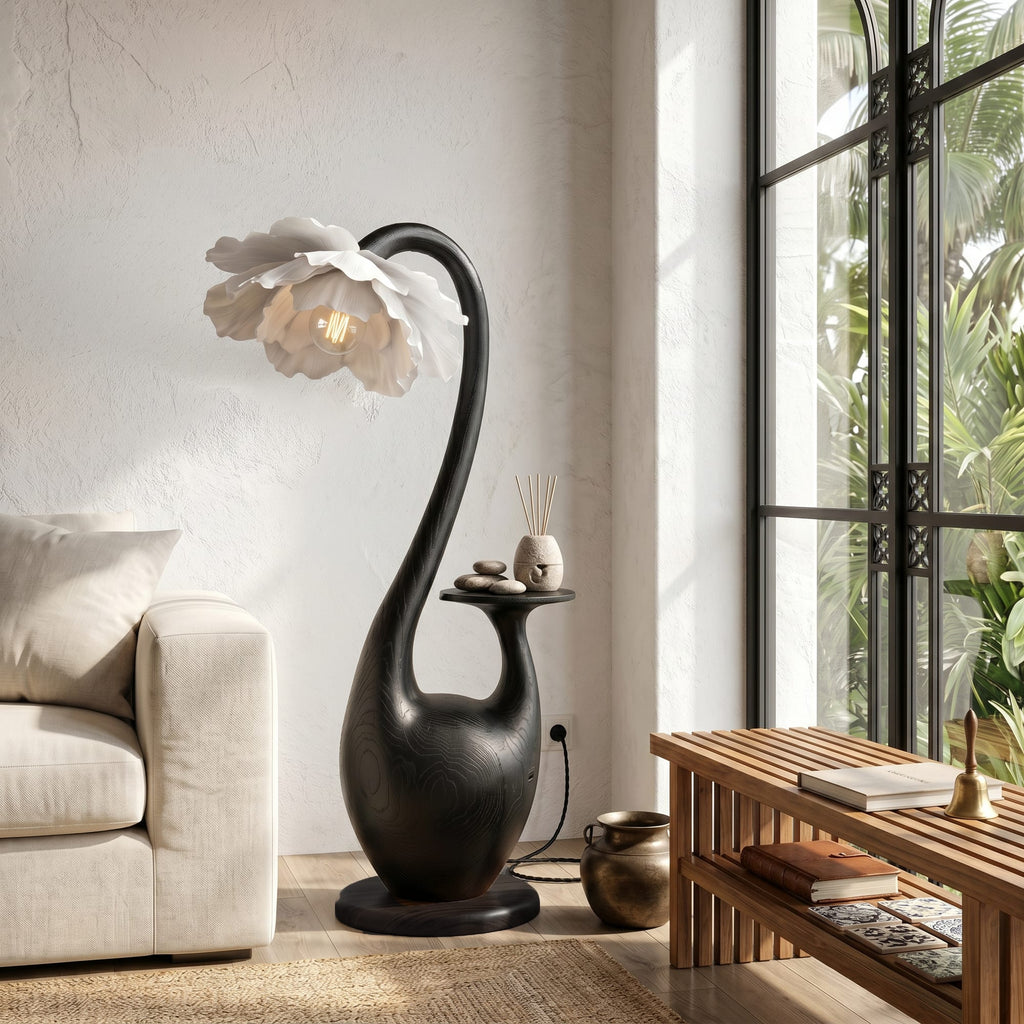 Artistic Floor Lamp with Sculptural Organic Base and Integrated Shelf, solid wood, built to order