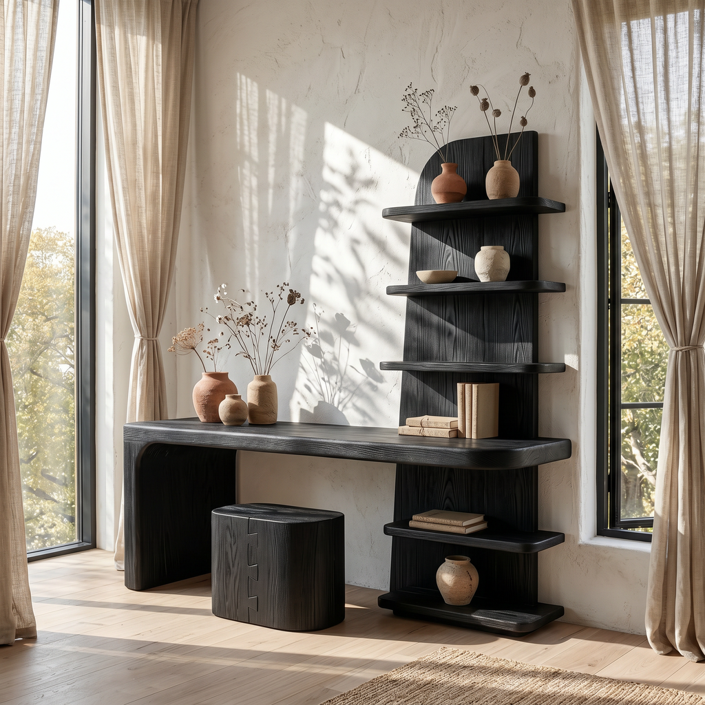 Minimal Desk with Built in Bookcase and Drawers, solid wood, built to order, view 4