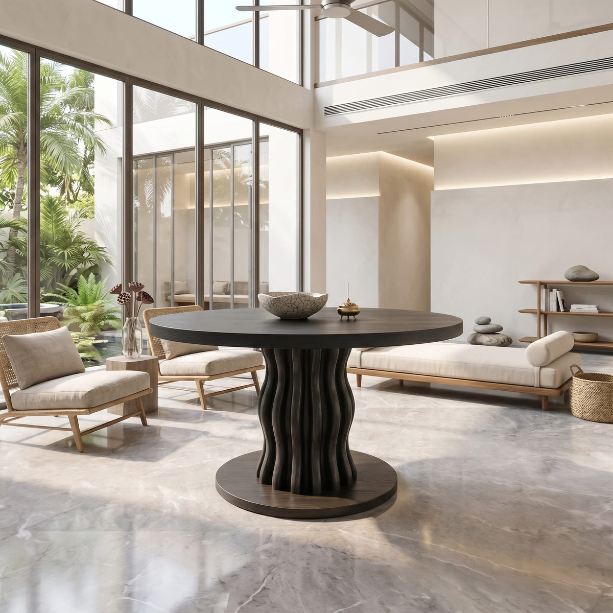 Contemporary Round Entryway Table with Wavy Vertical Form, solid wood, built to order