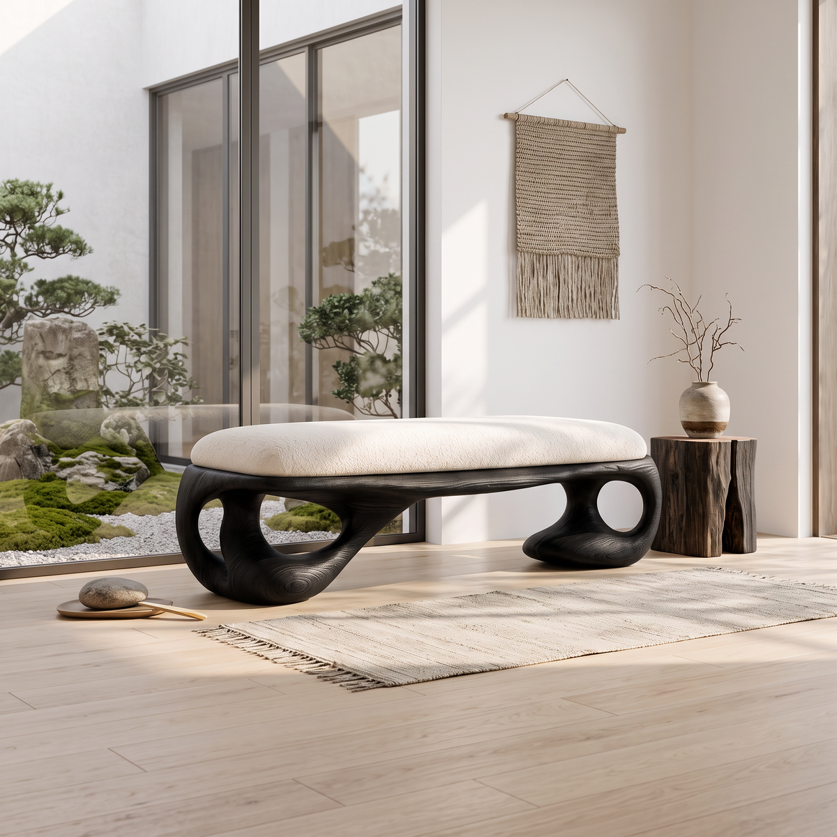 Modern Upholstered Bench with Sculptural Curved Frame, solid wood, built to order, view 4