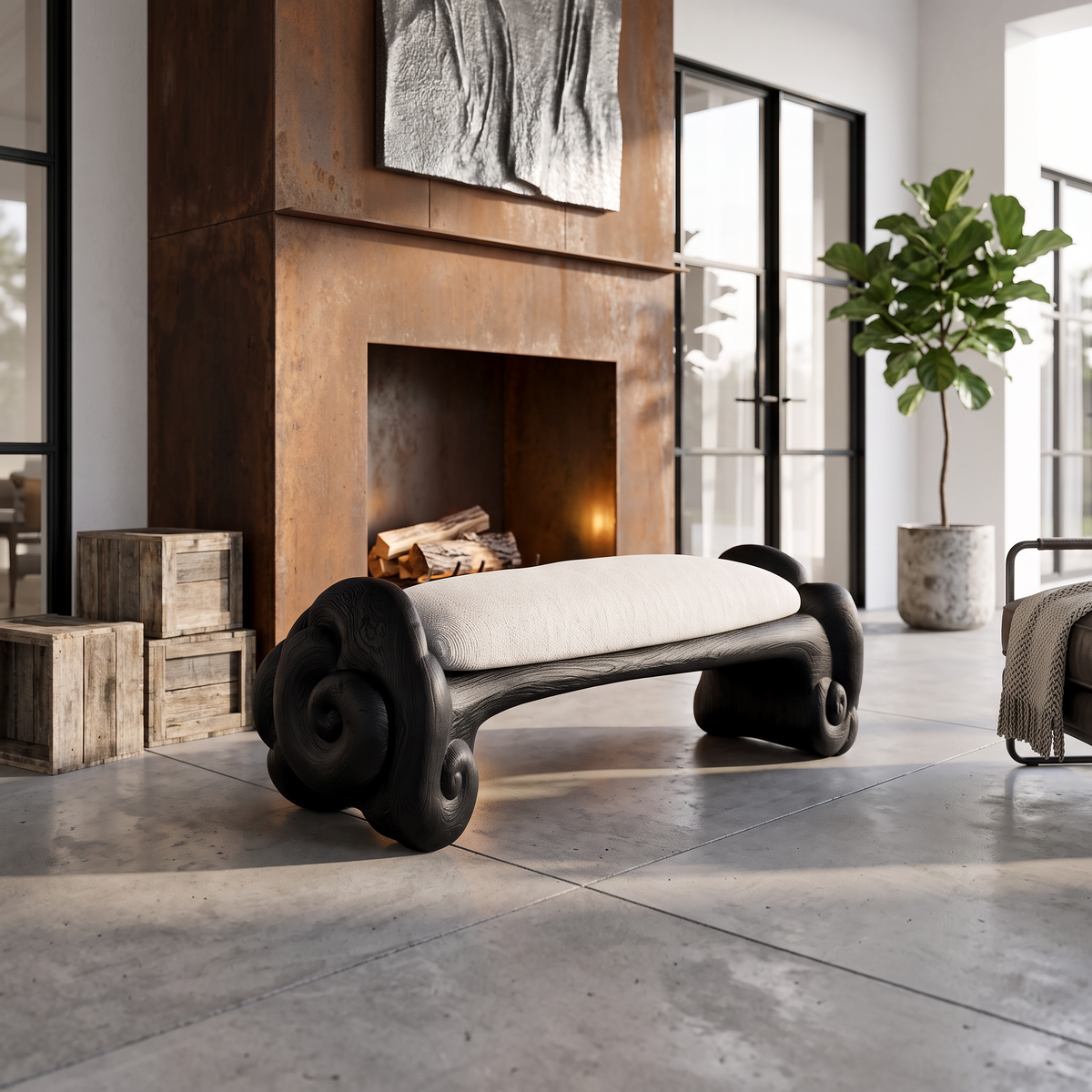 Minimalist Accent Bench with Rounded Cloud Shaped Legs, solid wood, built to order, view 4