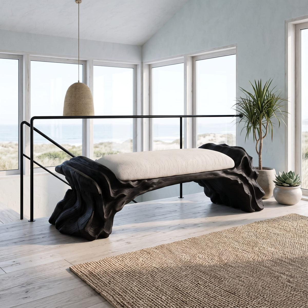 Contemporary Bench with Oyster Inspired Base, solid wood, built to order
