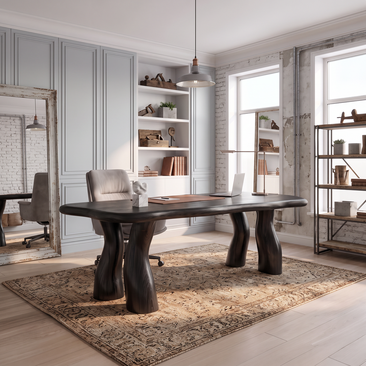 Modern Office Desk with Interconnected Curved Legs, solid wood, built to order