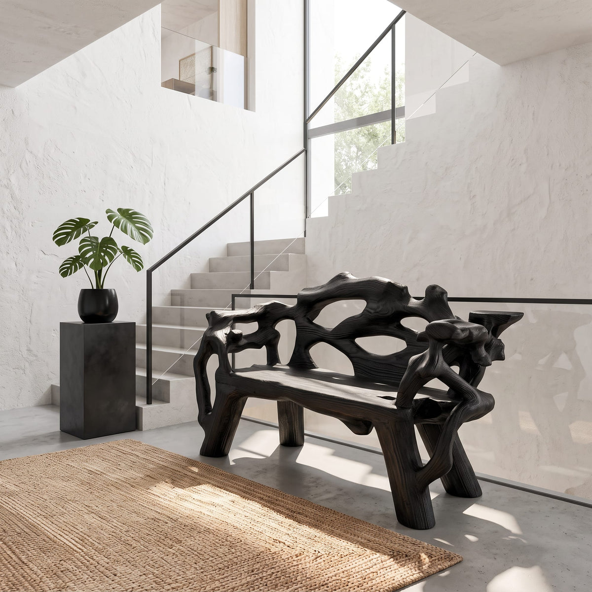 Organic Patio Bench with Interwoven Tree Inspired Frame, solid wood, built to order