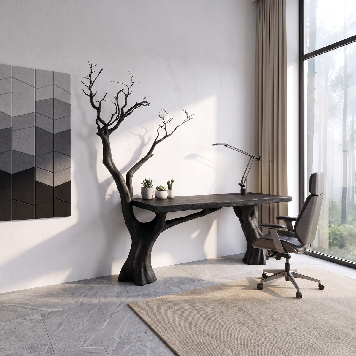 Rustic Computer Desk with Branch Inspired Base, solid wood, built to order