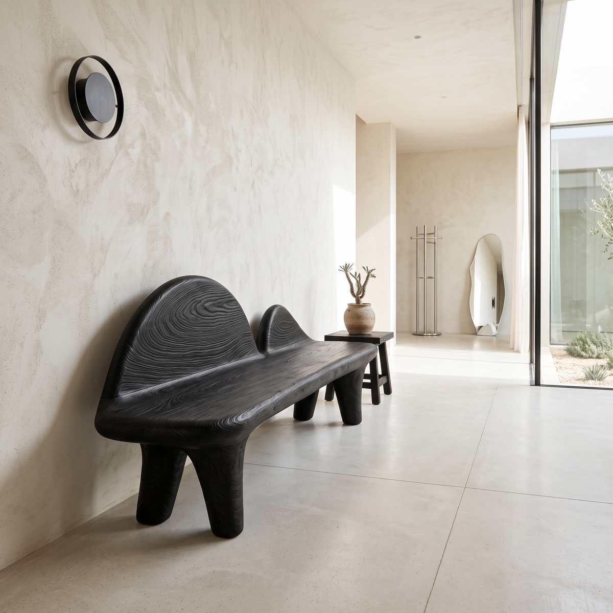 Modern Bench with Sculptural Curved Backrest, solid wood, built to order, view 3