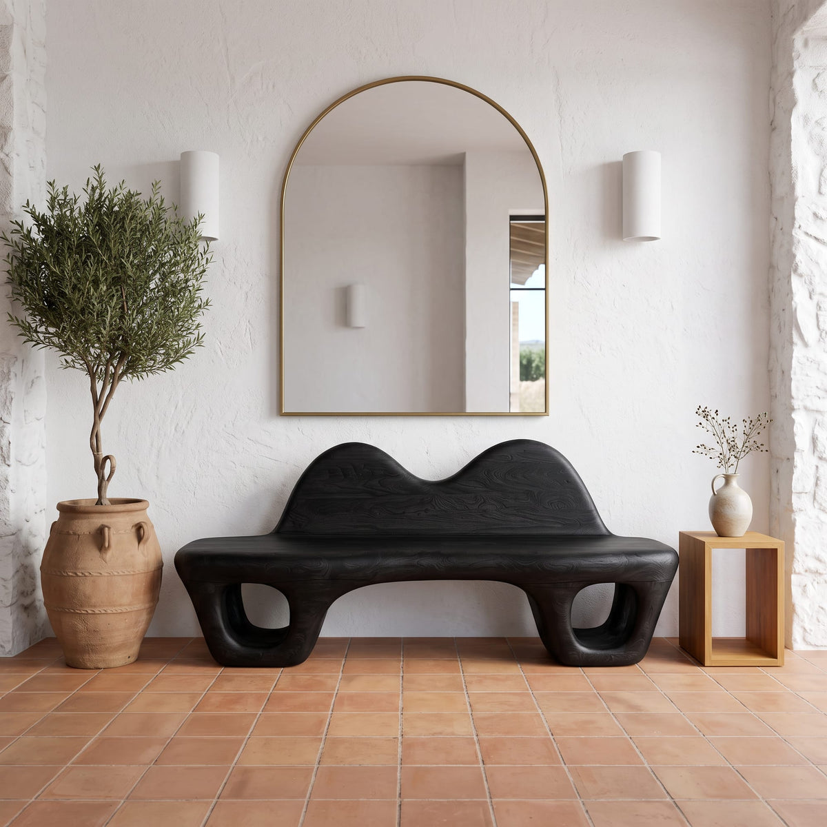 Accent Bench with Dramatic Rounded Silhouette, solid wood, built to order