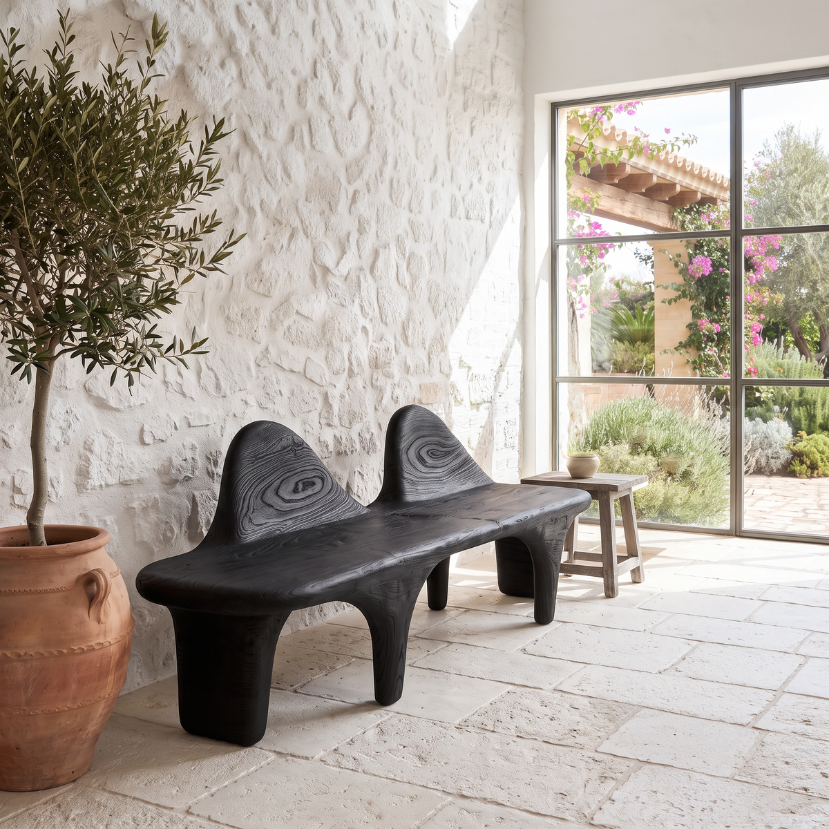 Organic Wooden Bench with Flowing Back Design, solid wood, built to order, view 3
