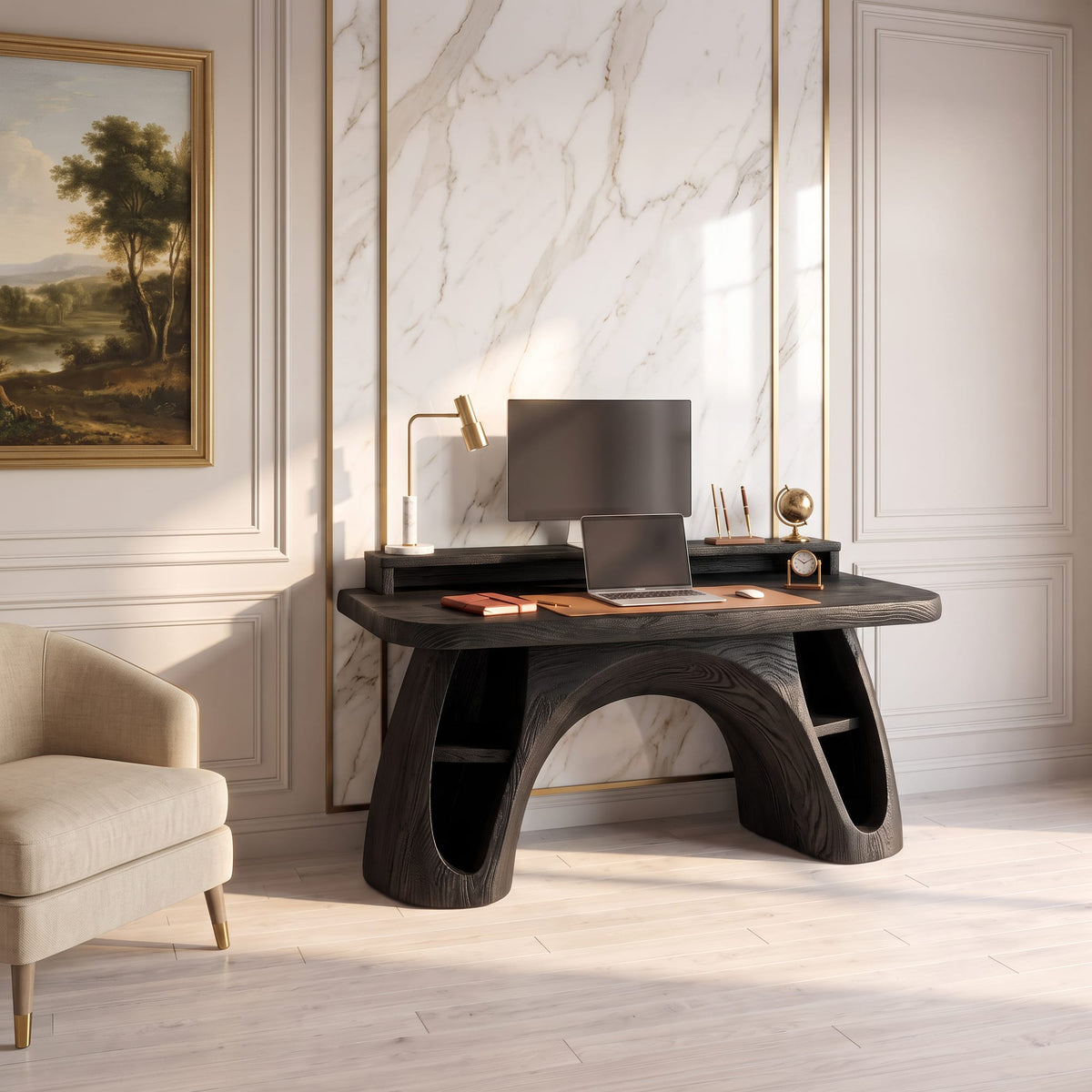 Contemporary Office Desk with Raised Monitor Platform, solid wood, built to order