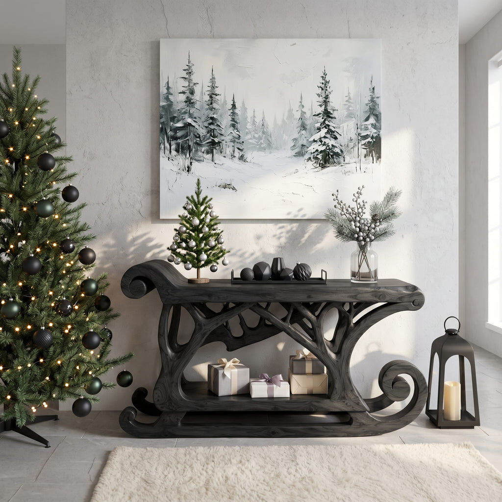 Rustic Console Table with Reindeer Sleigh Design, solid wood, built to order