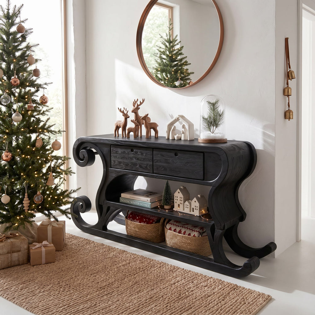 Rustic Console Table with Sleigh Inspired Scroll Design, solid wood, built to order