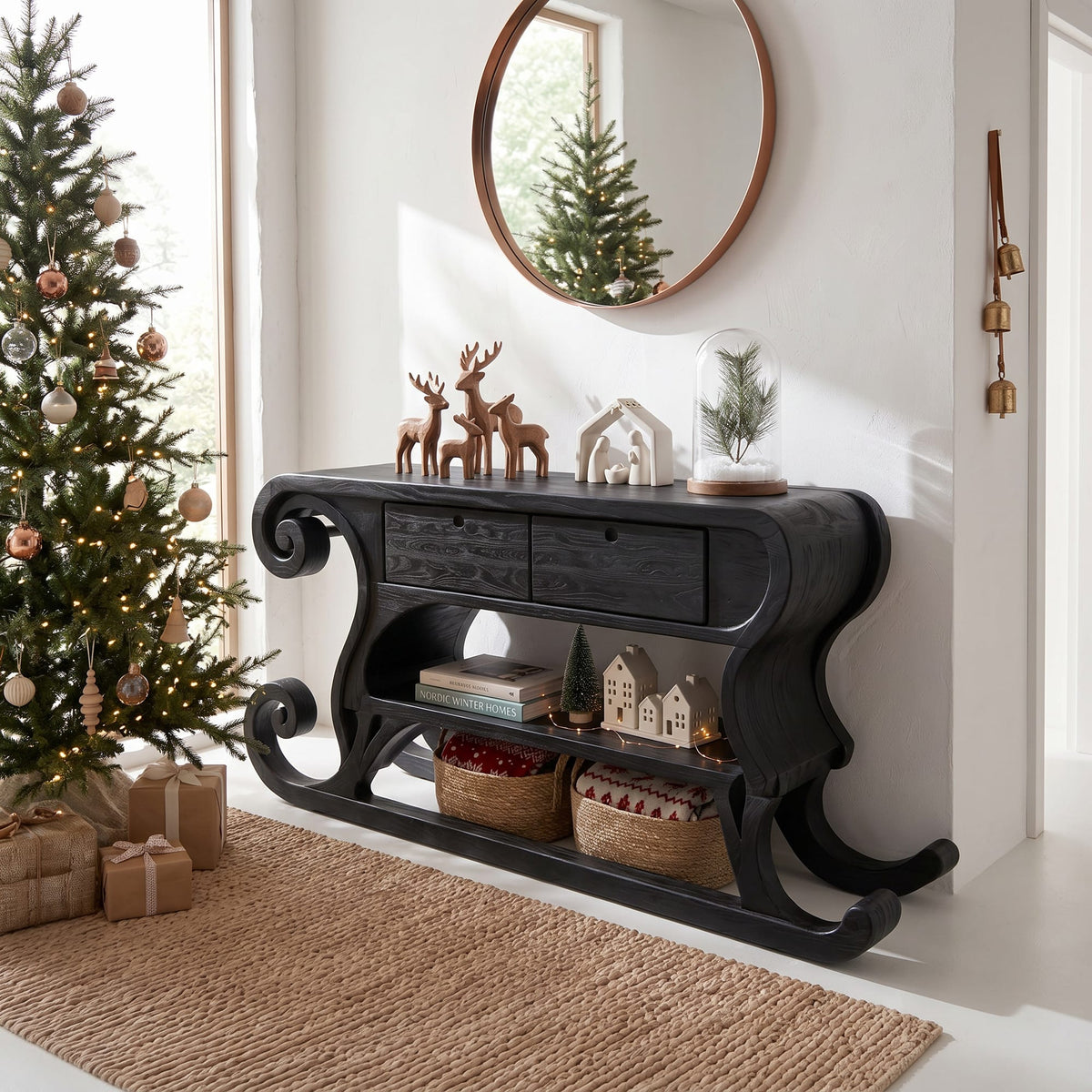 Rustic Console Table with Sleigh Inspired Scroll Design, solid wood, built to order