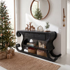 Rustic Console Table with Sleigh Inspired Scroll Design, solid wood, built to order