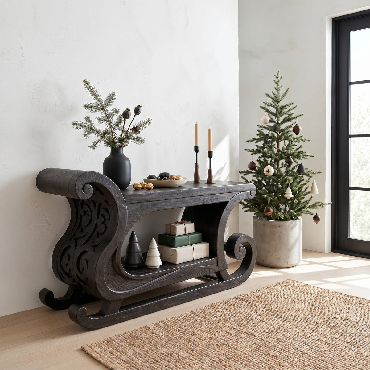 Rustic Console Table with Carved Sleigh Design, solid wood, built to order