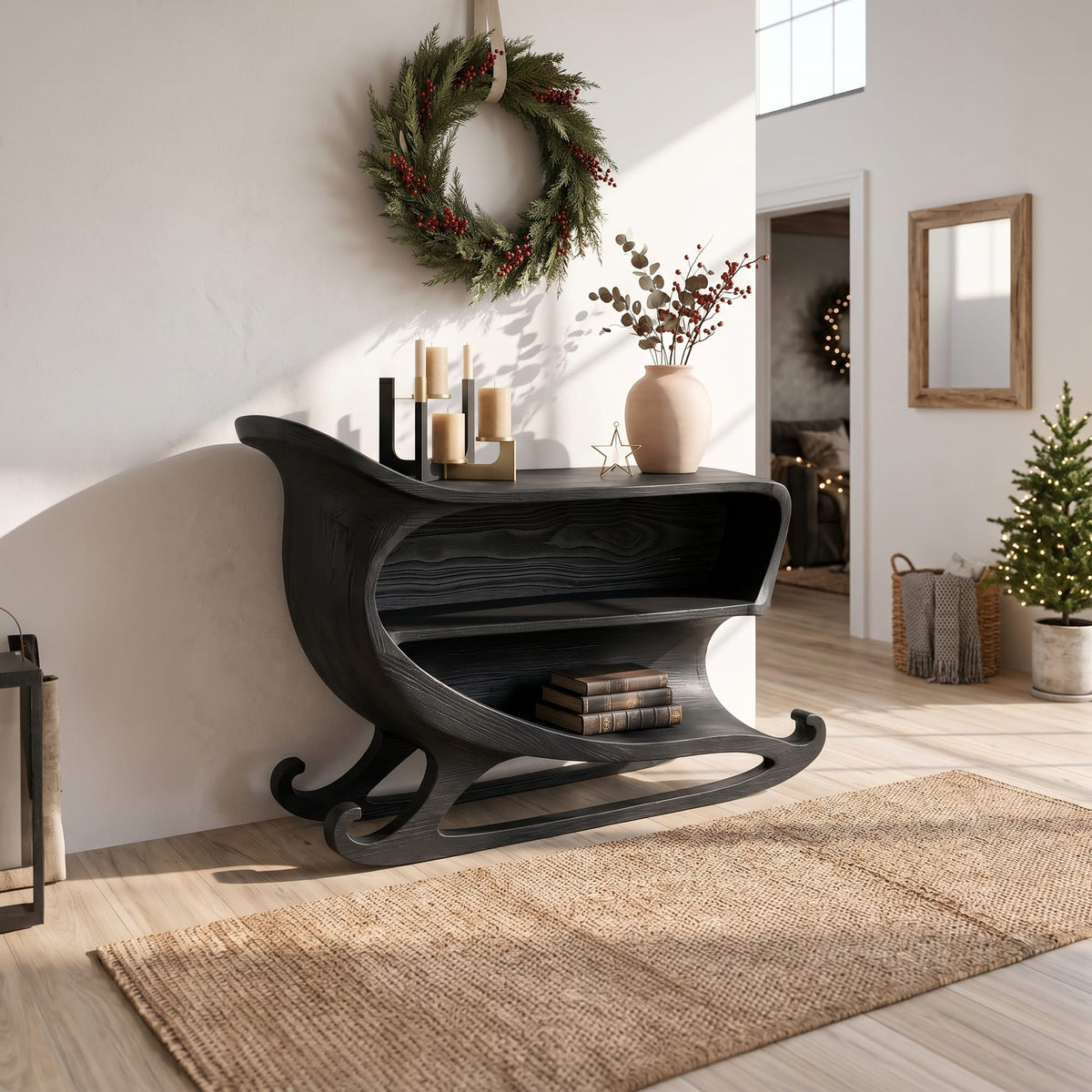 Farmhouse Console Table with Sleigh Inspired Scroll Design, solid wood, built to order