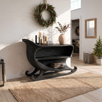 Farmhouse Console Table with Sleigh Inspired Scroll Design, solid wood, built to order