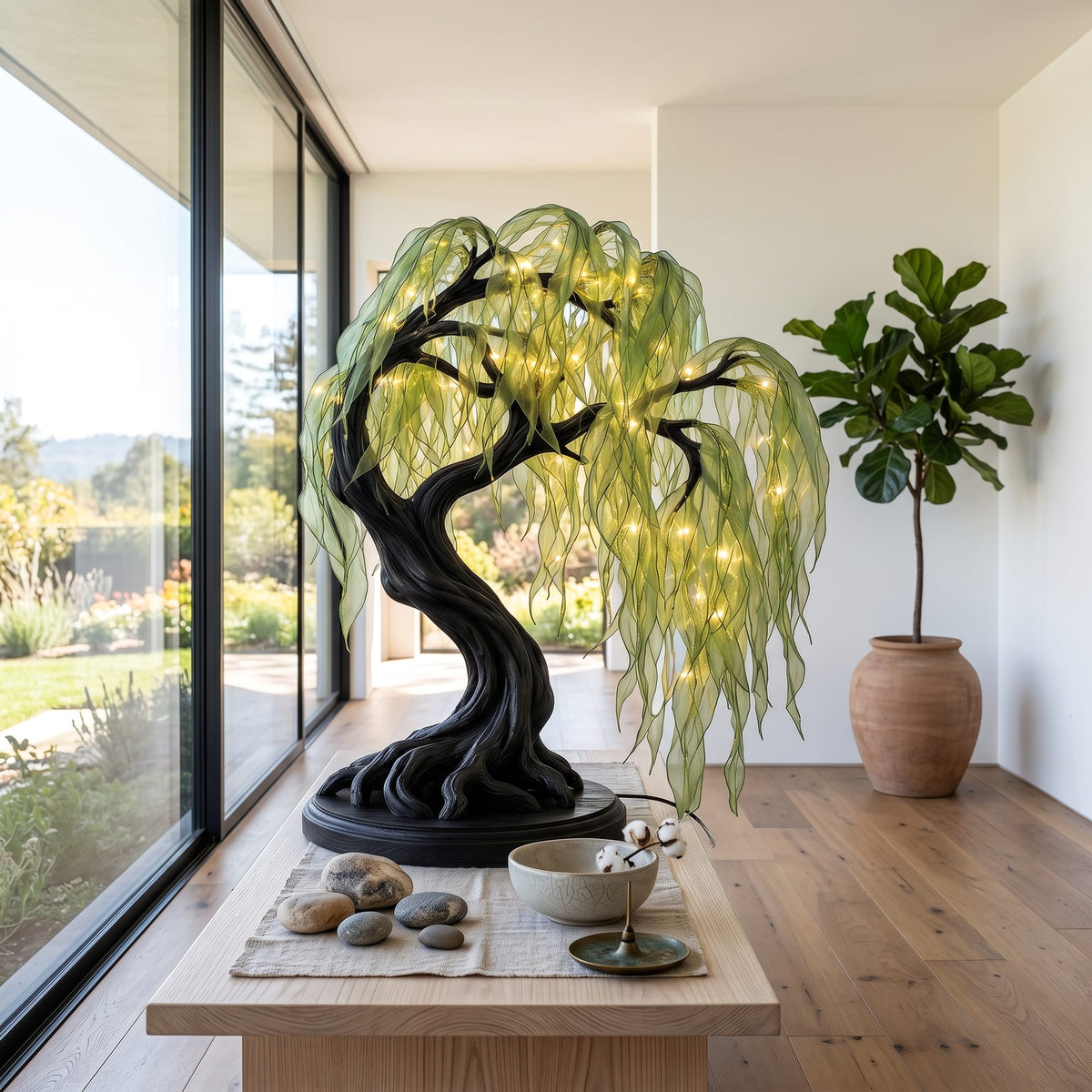 Japandi Bonsai Tree Table Lamp for Nightstand, solid wood, built to order