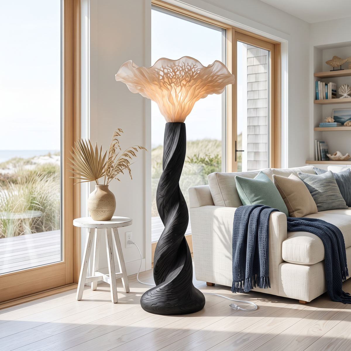 Organic Floor Lamp Blooming Mushroom Shade Lounge, solid wood, built to order, view 4