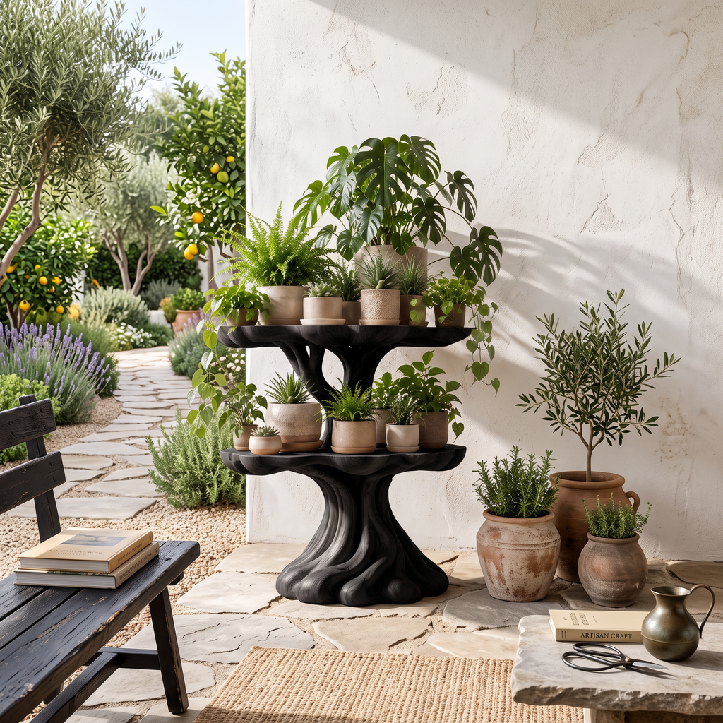 Contemporary Tiered Plant Shelf with Organic Branch Design, solid wood, built to order, view 4