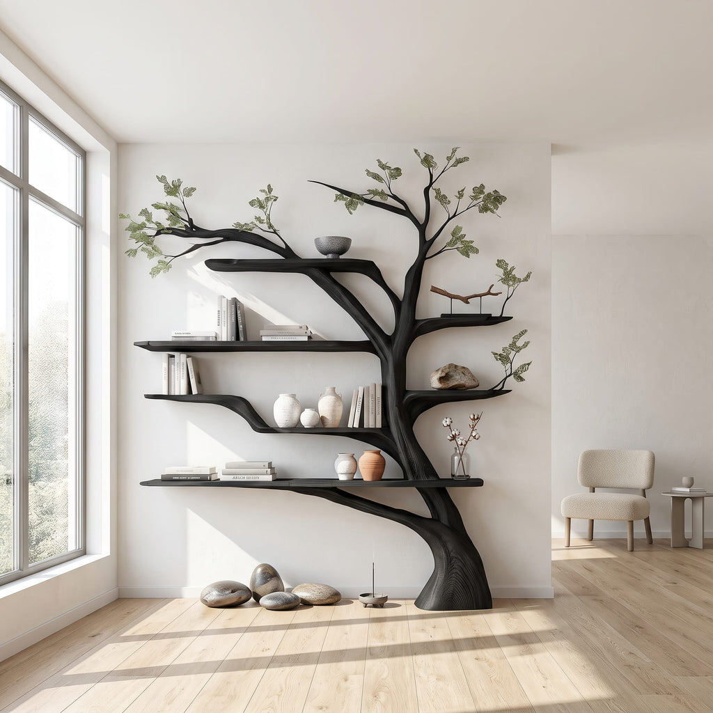 Rustic Book Tree Shelf Home Office, solid wood, built to order