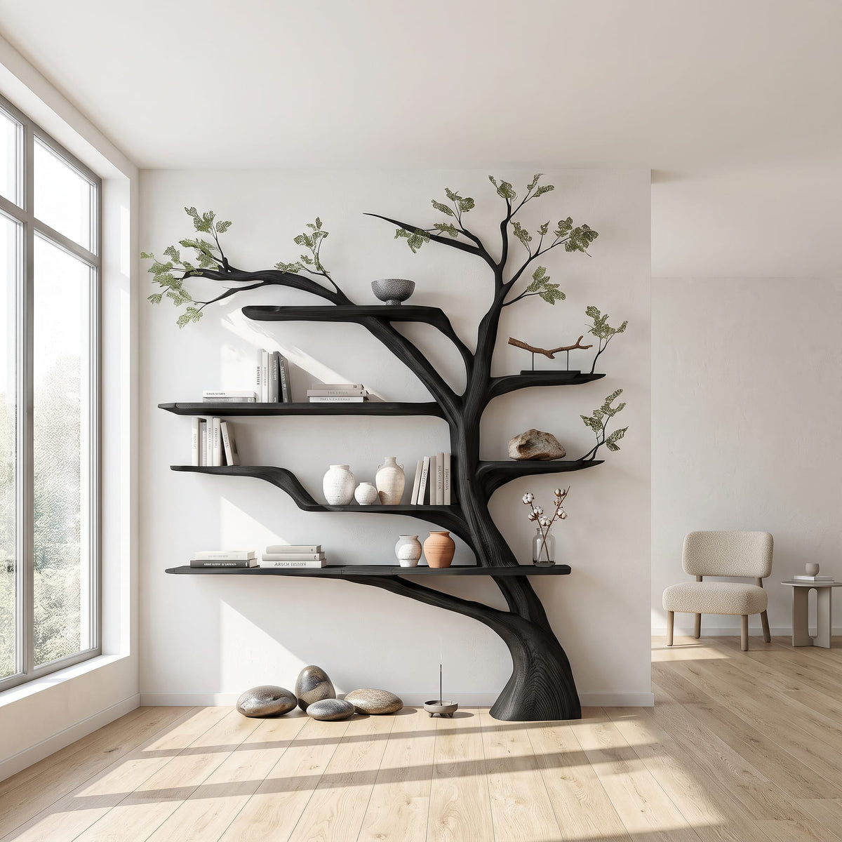 Rustic Book Tree Shelf Home Office, solid wood, built to order