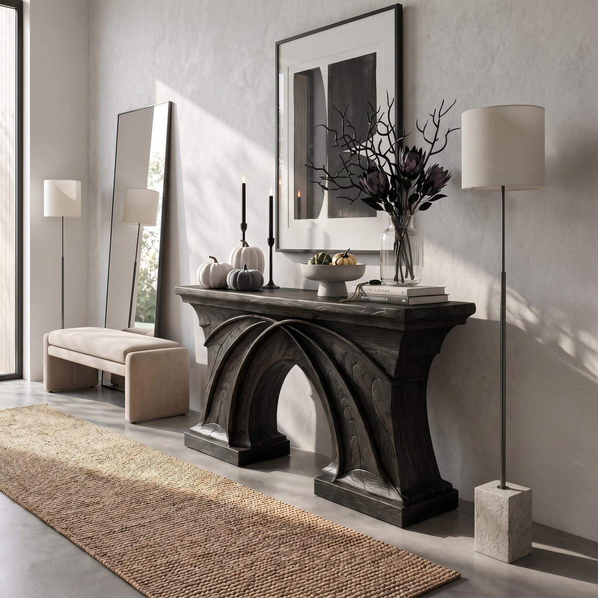 Rustic Console Table Flowing Sculptural Design, solid wood, built to order