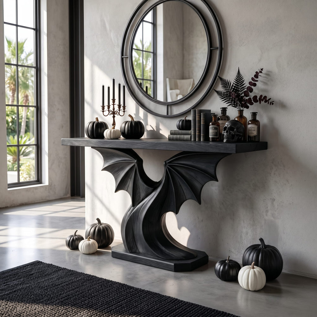 Contemporary Console Table with Sculptural Bat Wing Design, solid wood, built to order