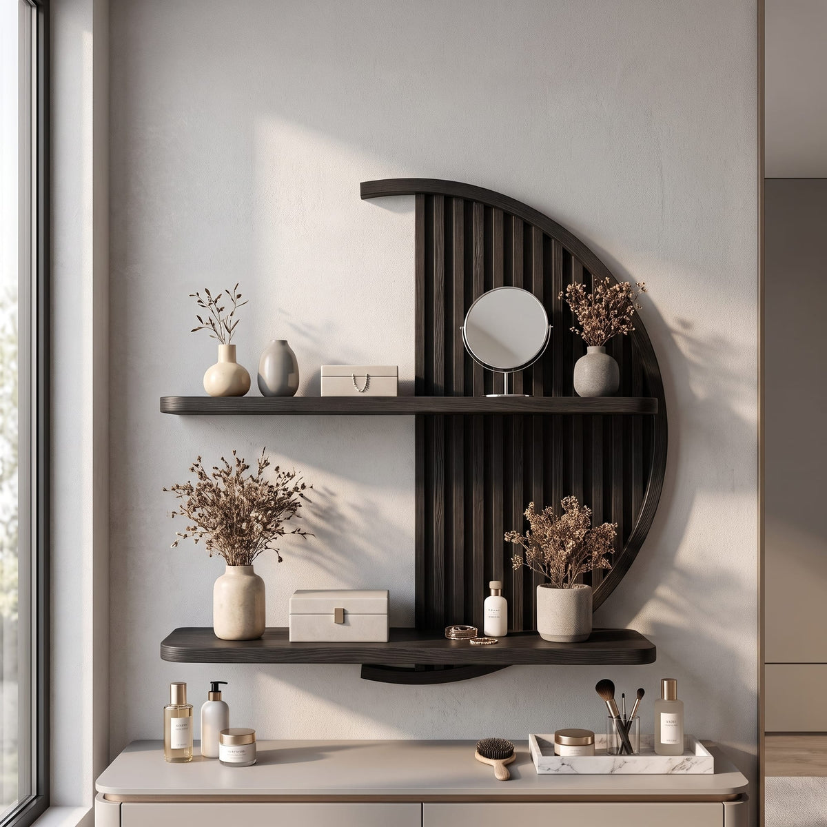 Minimalist Circle Round Floating Shelf, solid wood, built to order