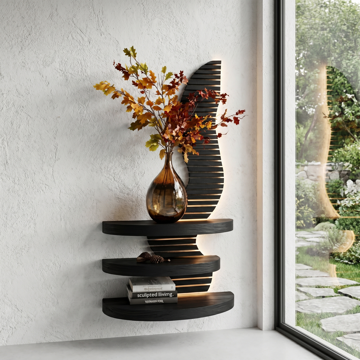 Organic Floating Shelf with Sculptural Wave Wall Panel Design, solid wood, built to order, view 4