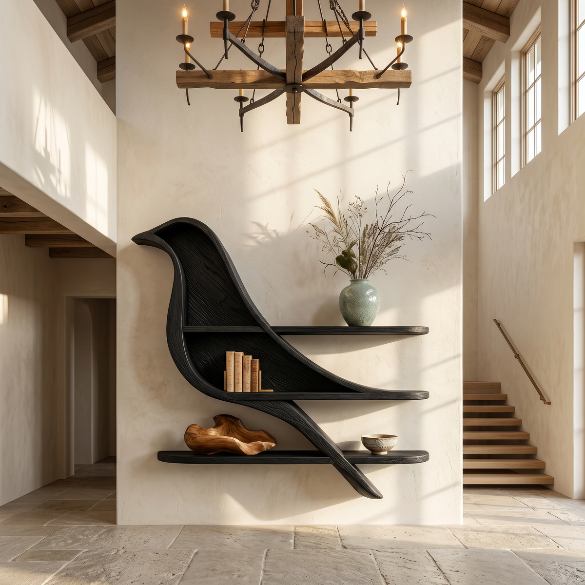 Organic Wave Bookshelf with Sculptural Wall Mounted Shelves, solid wood, built to order, view 4