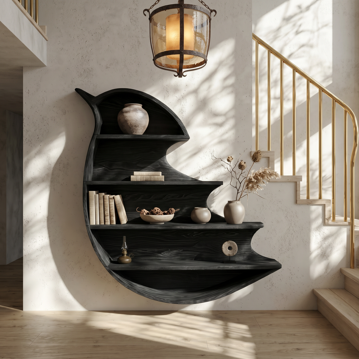 Artistic Wave Bookcase with Wall Mounted Display Storage, solid wood, built to order, view 4