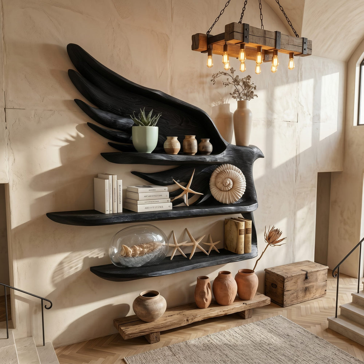 Handcrafted Wave Bookshelf with Curved Structure, solid wood, built to order