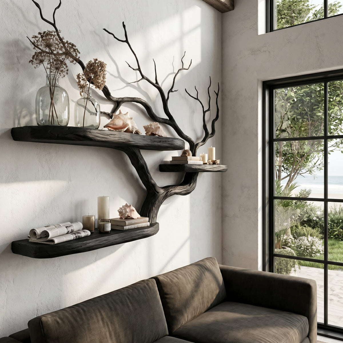 Handcrafted Tree Branch Floating Shelf, solid wood, built to order