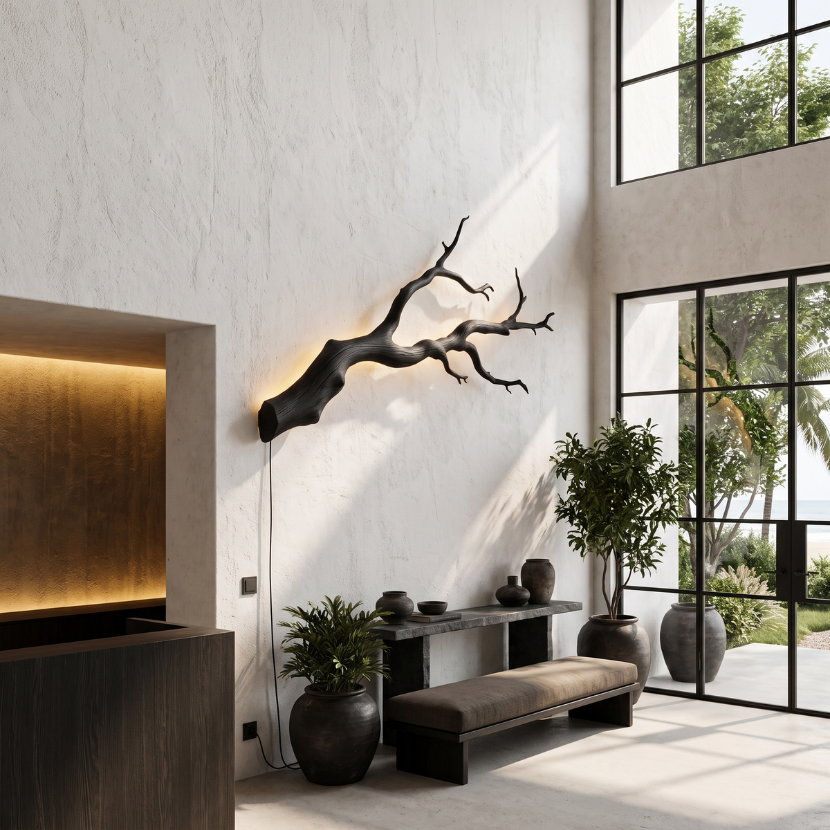 Organic Wall Lamp with Sculptural Tree Branch Design, solid wood, built to order, view 4