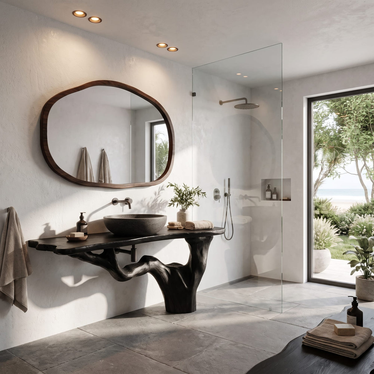 Handcrafted Bathroom Vanity with Tree Trunk Design, solid wood, built to order