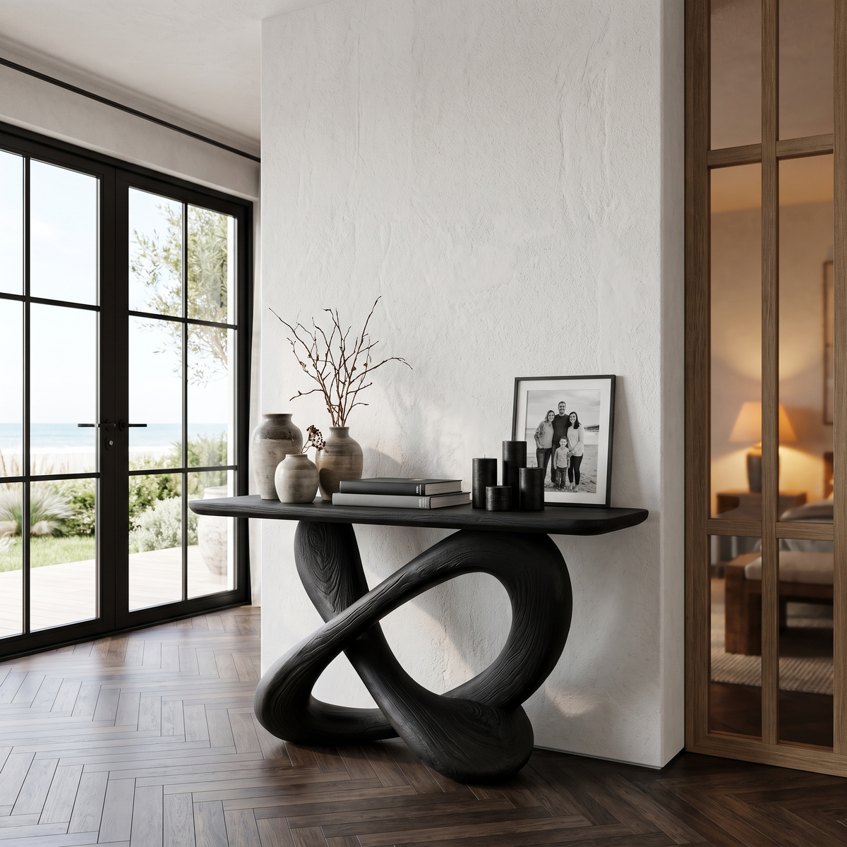 Modern Console Table with Twisted Ribbon Base, solid wood, built to order, view 4