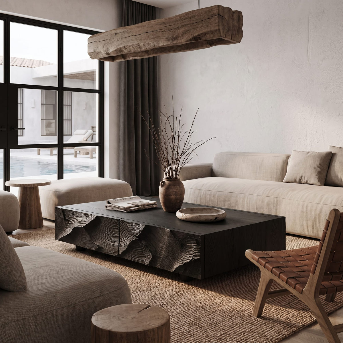 Contemporary Coffee Table with Sculptural Carved Drawer Front, solid wood, built to order