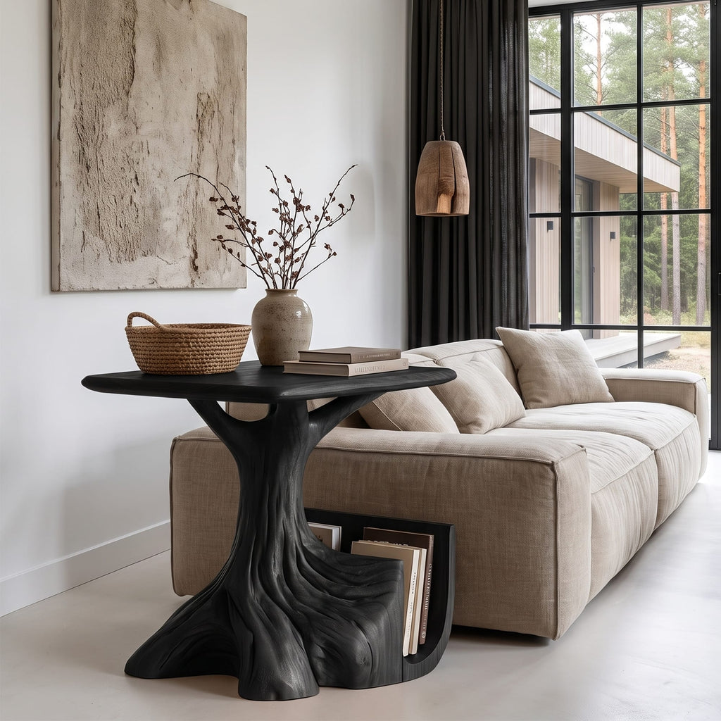 Contemporary Sculptural Side Table with Tree Inspired Base, solid wood, built to order