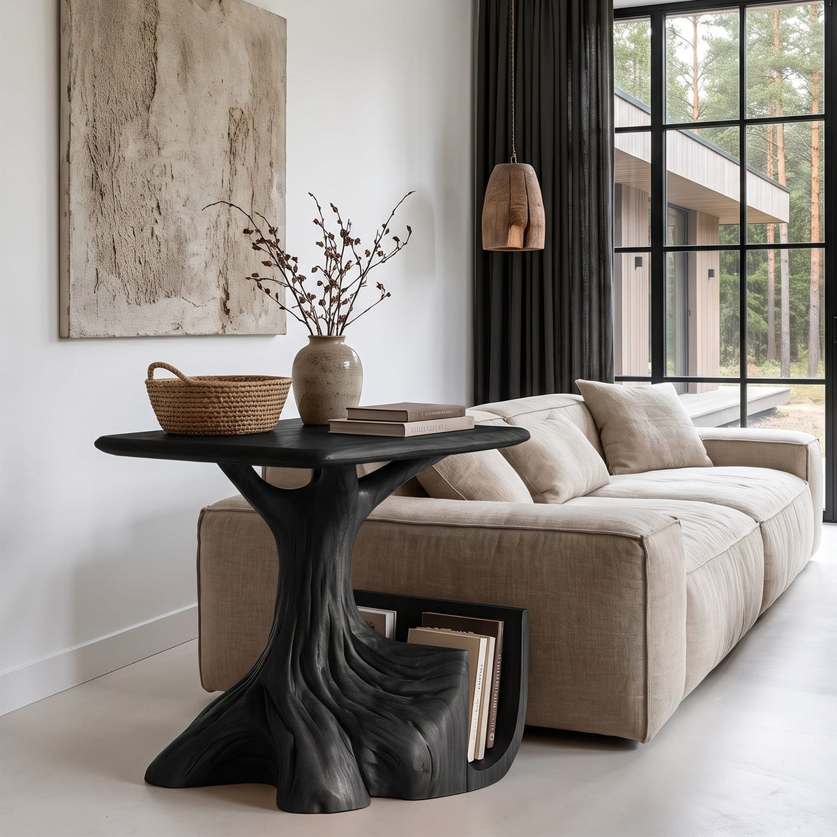 Contemporary Sculptural Side Table with Tree Inspired Base, solid wood, built to order