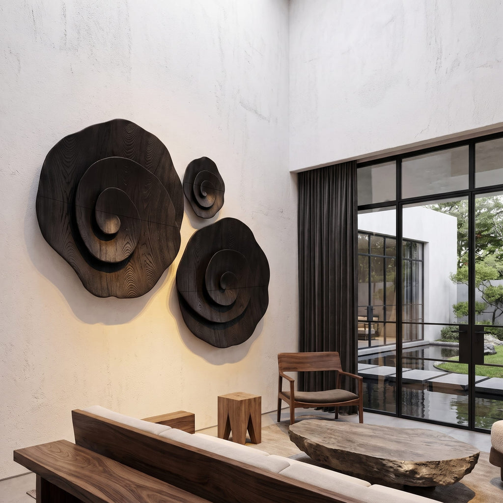 Contemporary Flower Wall Art with Sculptural Spiral Form, solid wood, built to order