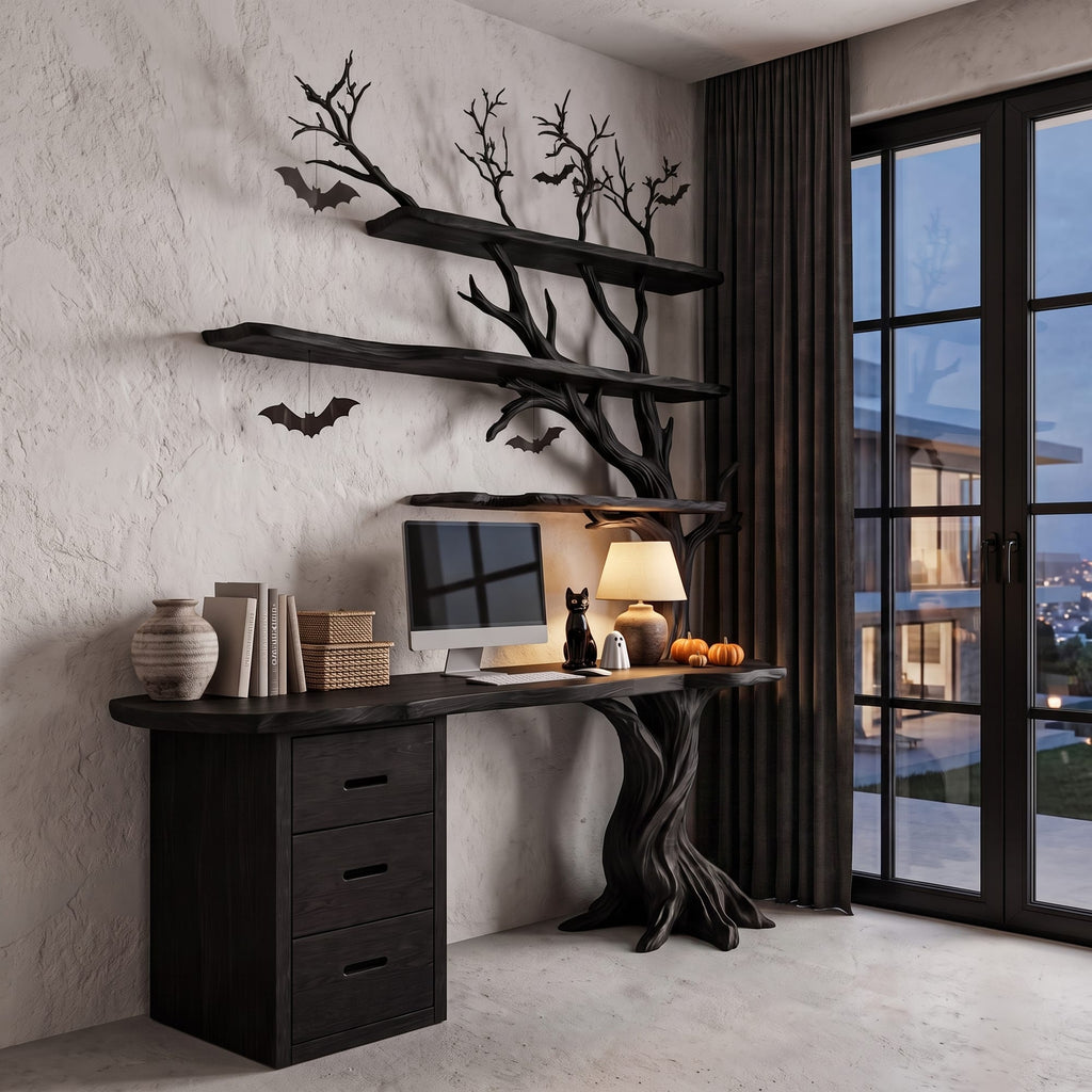 Contemporary Writing Desk with Tree Silhouette, solid wood, built to order