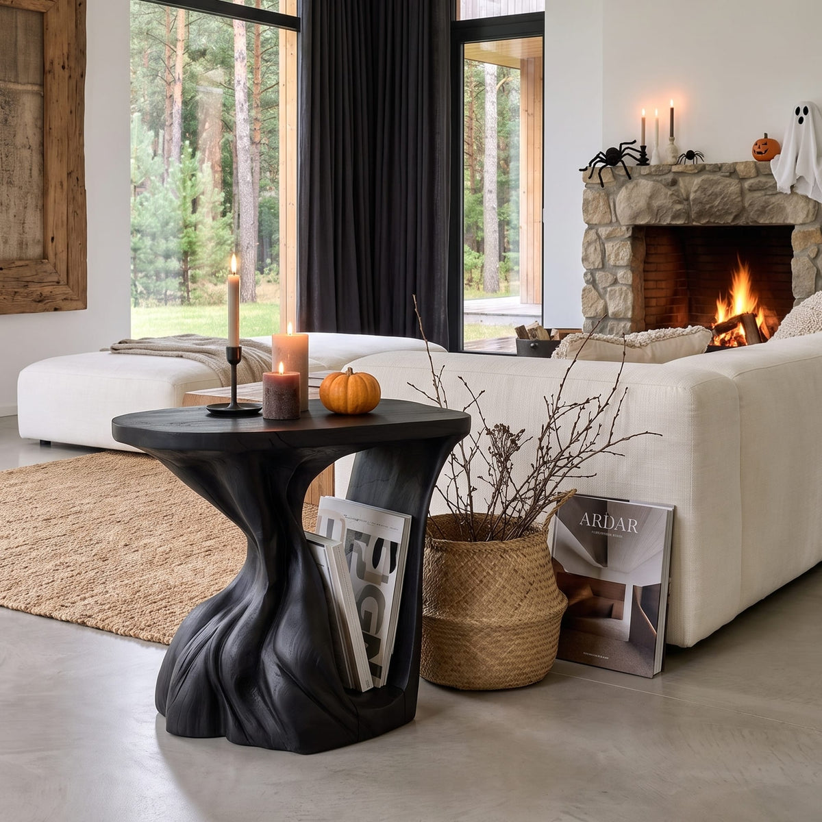 Contemporary Beside Table Inspired with Sculptural Base, solid wood, built to order