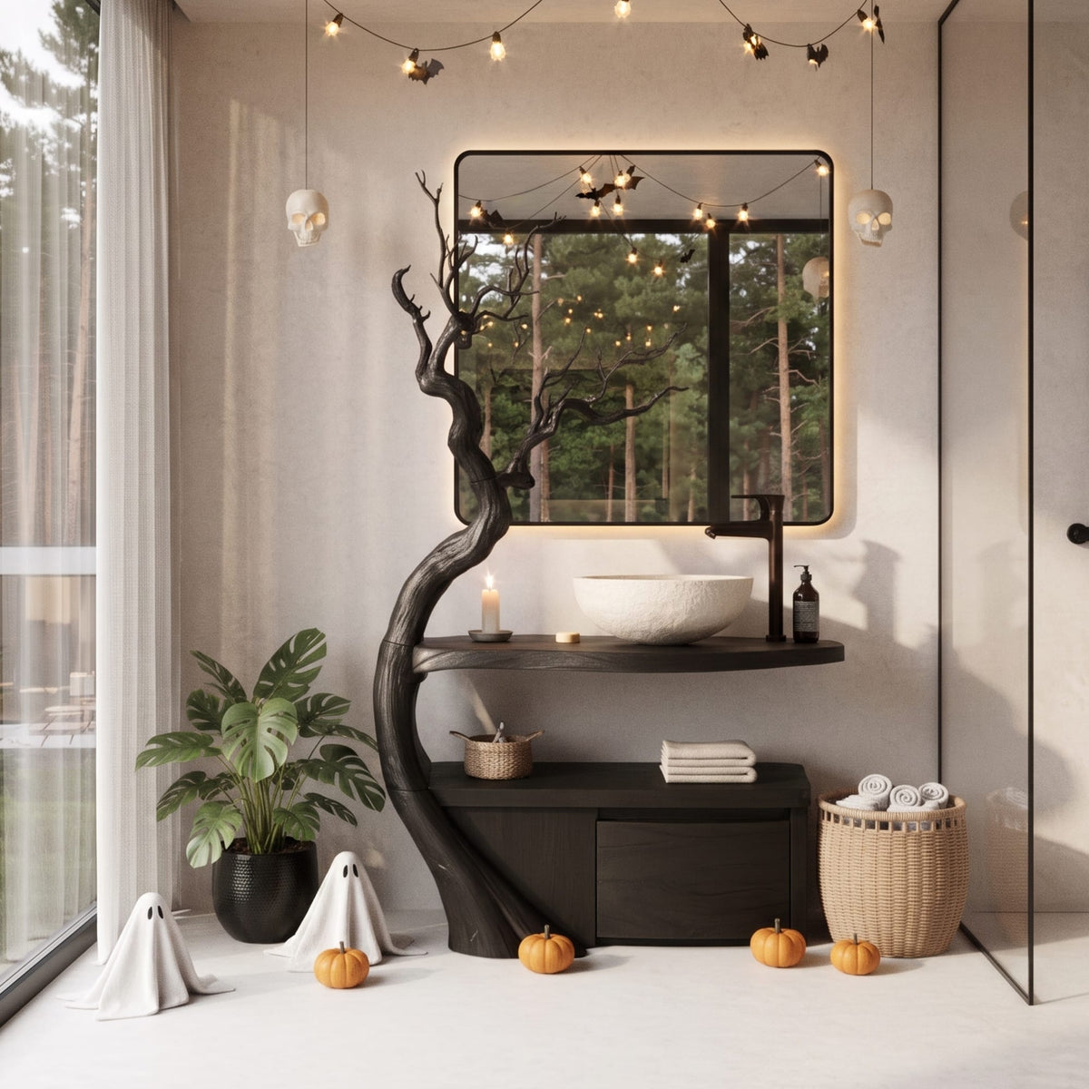 Bathroom Vanity with Tree Branch Design, solid wood, built to order