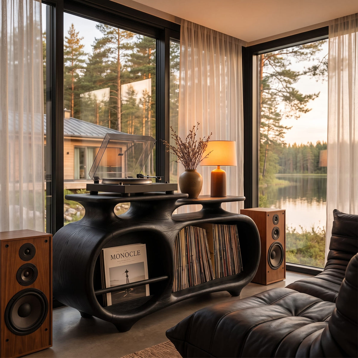 Minimalist Vinyl Console with Soft Continuous Curves, solid wood, built to order