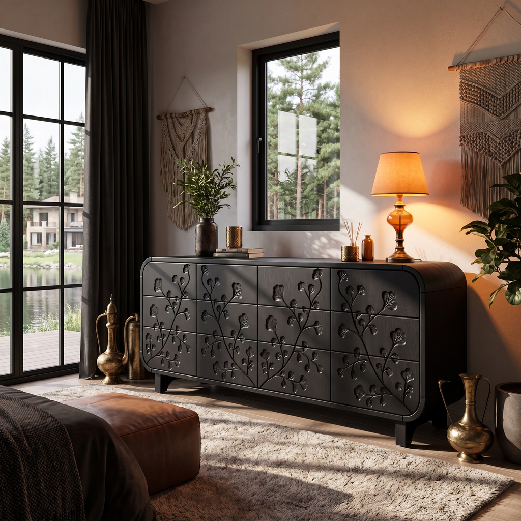 Minimalist All Dresser with Subtle Leaf Carving and Soft Rounded Frame, solid wood, built to order, view 4