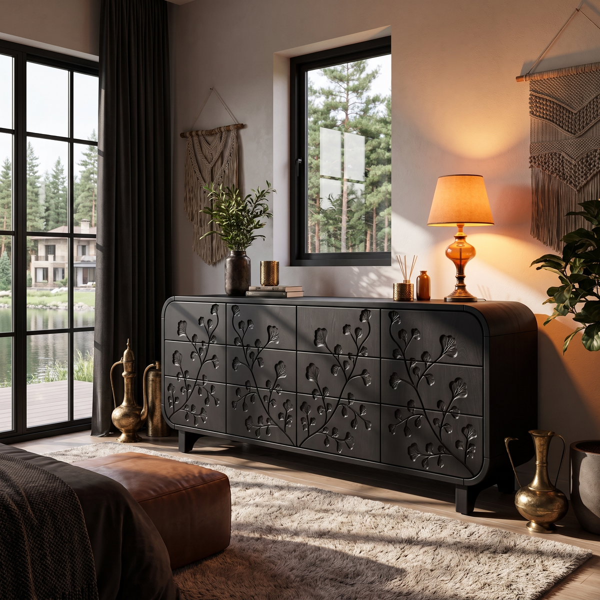 Minimalist All Dresser with Subtle Leaf Carving and Soft Rounded Frame, solid wood, built to order, view 4